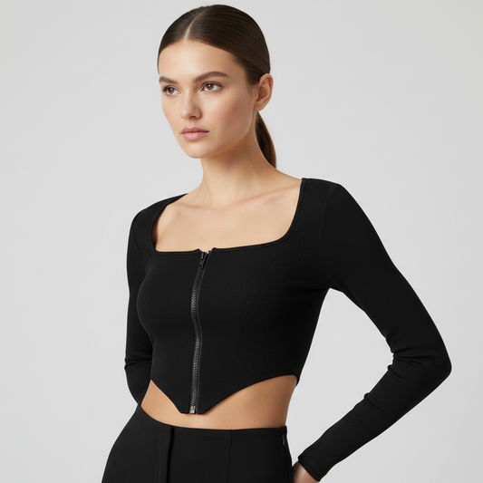 【Premium】GULLA Cropped Feminina Manga Longa Gola Quadrada e Zíper Frontal (P/M/G) 7062 Cropped Manga Longa Gola e Ziper