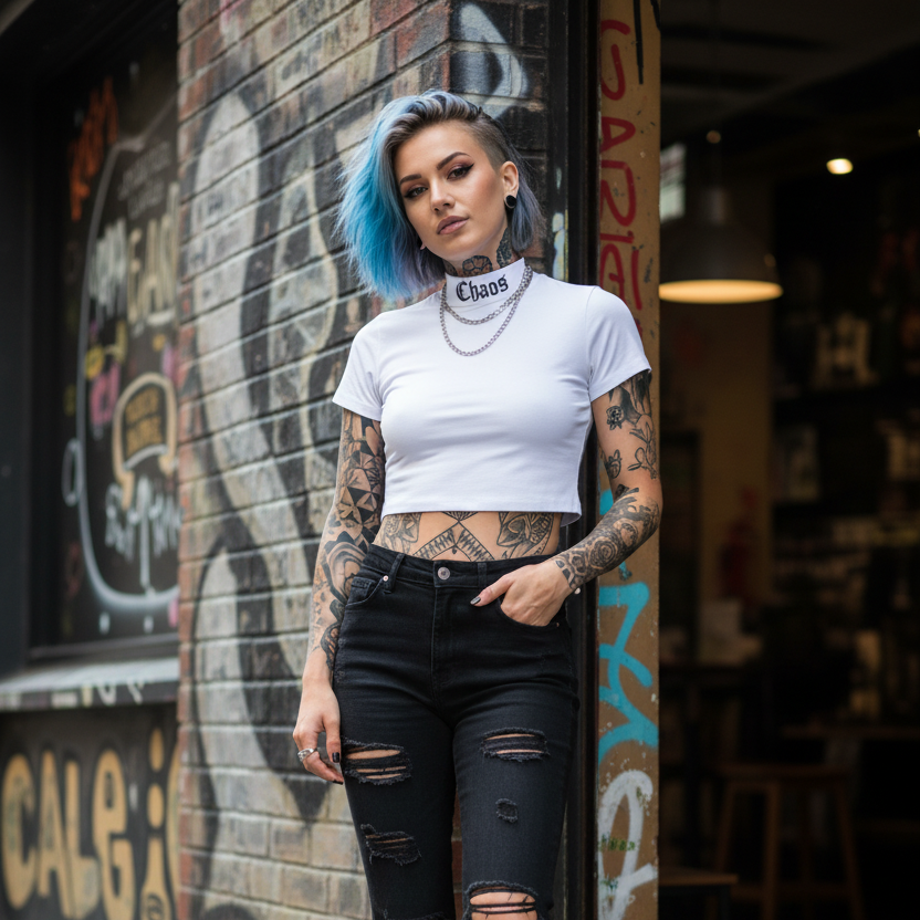 Cropped T-shirt, Gola Alta, Escrita CHAOS, Moda Blogueira Alternativa Feminina