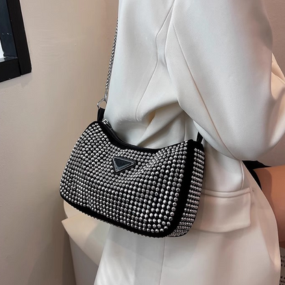 Bolsa Feminina Pequena Transversal Alça de Corrente Prata Brilho Cristais Strass