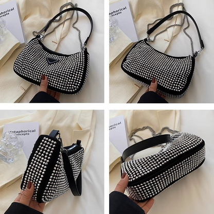 Bolsa Feminina Pequena Transversal Alça de Corrente Prata Brilho Cristais Strass