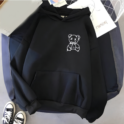 Blusa Moletom Canguru Feminino Unissex Flanelado Algodão Estampado Capuz Inverno Preto Urso