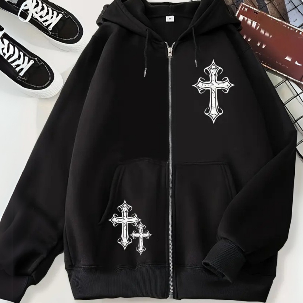 Moletom Cruz Zíper Gótico Estilo Softwear Oversized Temporal Inverno