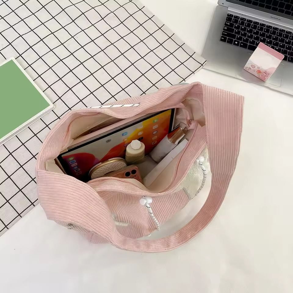 Bolsa Tote Grande Com PadrãO De Estrela Simples, Bolsa De Ombro Com CordãO De Veludo, Sacola Fofa De Lona