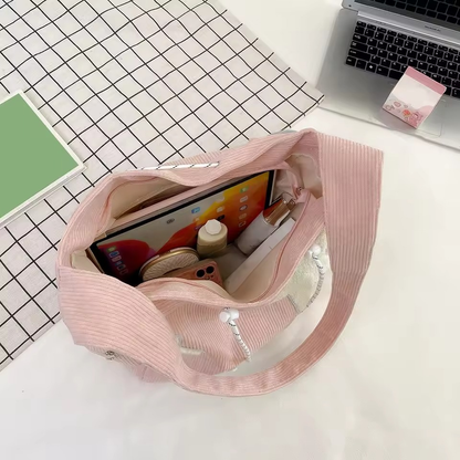 Bolsa Tote Grande Com PadrãO De Estrela Simples, Bolsa De Ombro Com CordãO De Veludo, Sacola Fofa De Lona