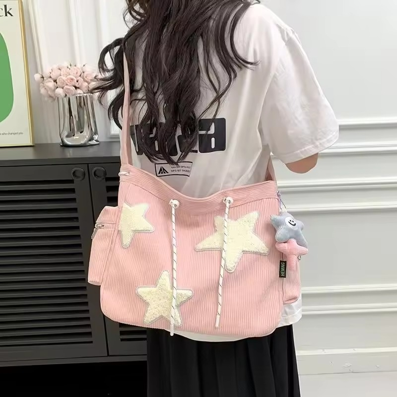 Bolsa Tote Grande Com PadrãO De Estrela Simples, Bolsa De Ombro Com CordãO De Veludo, Sacola Fofa De Lona