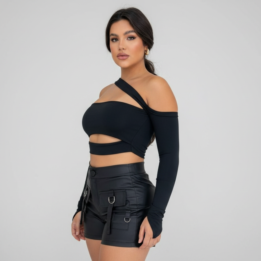 Cropped Maya Manga Longa Feminina Com Bojo Recortes Faixa Moda Blogueira Gringa Decotado Ombro a Ombro