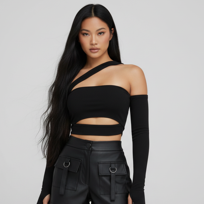Cropped Maya Manga Longa Feminina Com Bojo Recortes Faixa Moda Blogueira Gringa Decotado Ombro a Ombro