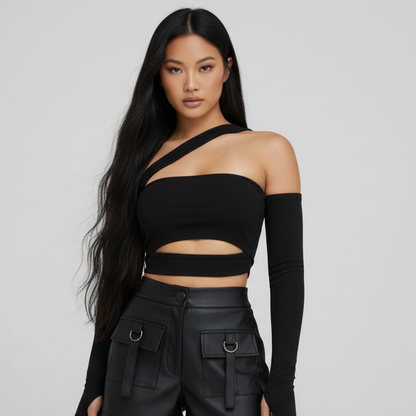 Cropped Maya Manga Longa Feminina Com Bojo Recortes Faixa Moda Blogueira Gringa Decotado Ombro a Ombro