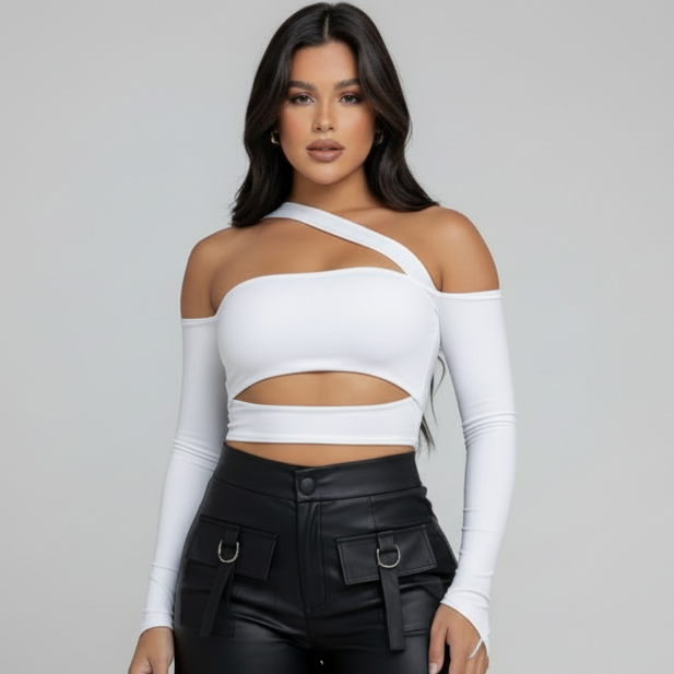 Cropped Maya Manga Longa Feminina Com Bojo Recortes Faixa Moda Blogueira Gringa Decotado Ombro a Ombro