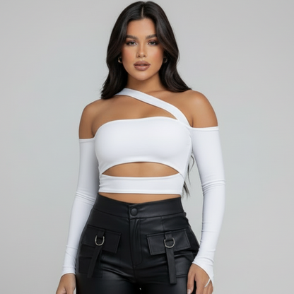 Cropped Maya Manga Longa Feminina Com Bojo Recortes Faixa Moda Blogueira Gringa Decotado Ombro a Ombro