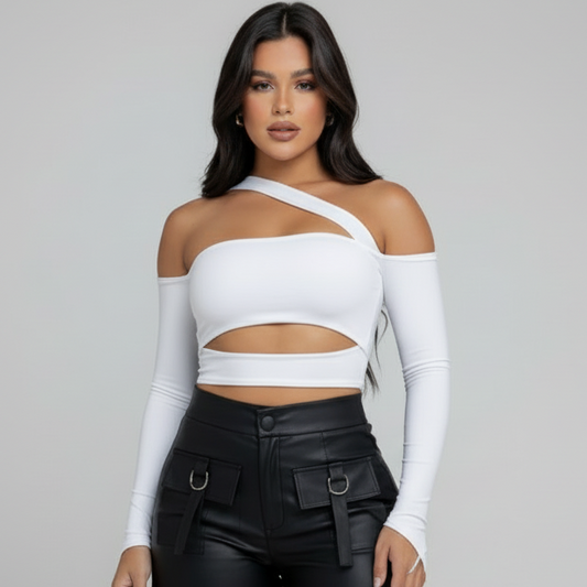 Cropped Maya Manga Longa Feminina Com Bojo Recortes Faixa Moda Blogueira Gringa Decotado Ombro a Ombro