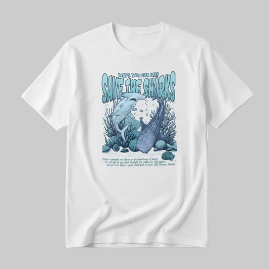 Camiseta Feminina Casual T-shirt Estampa de Proteção do Oceano Forma de Ajudar a Salvar o Tubarão