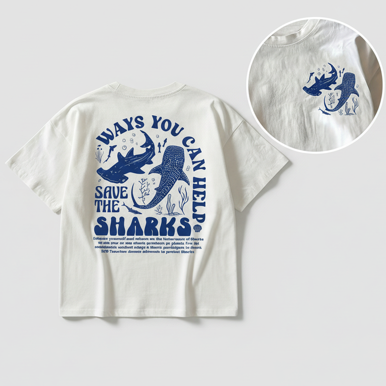 Camiseta Feminina Casual T-shirt Estampa de Proteção do Oceano Forma de Ajudar a Salvar o Tubarão