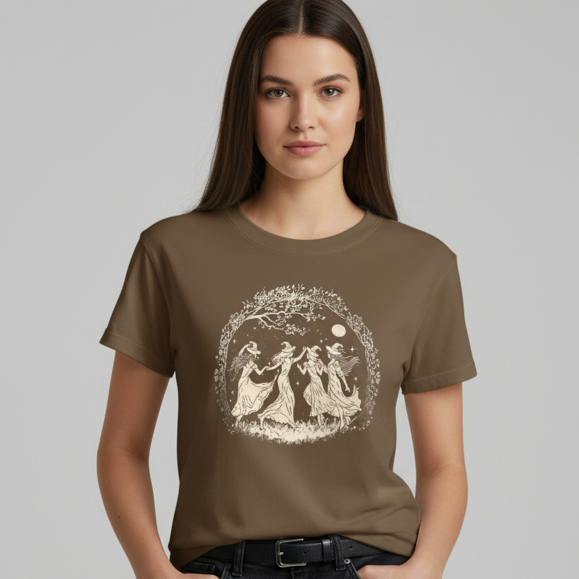 Camiseta Feminina Dança Ritual | Silhuetas Místicas e Galhos ao Redor