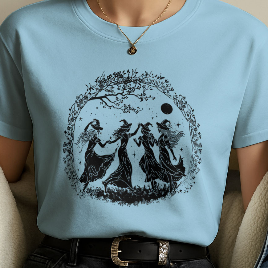 Camiseta Feminina Dança Ritual | Silhuetas Místicas e Galhos ao Redor