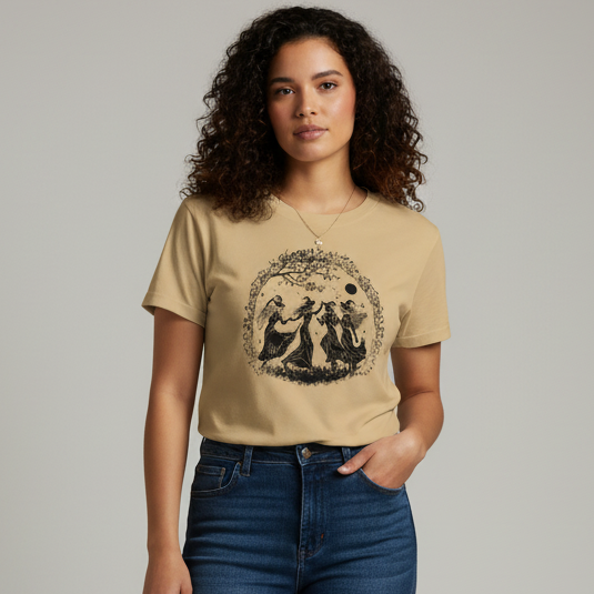 Camiseta Feminina Dança Ritual | Silhuetas Místicas e Galhos ao Redor